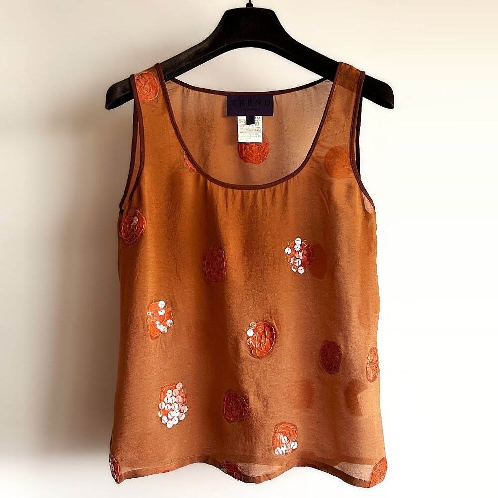 TREND LES COPAINS Sienna Brown Sequined Chiffon Top, Italian Size 38 Vintage